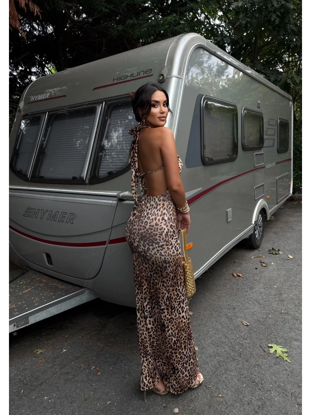 Leopar Sırt Detay Degaje Yaka Uzun Elbise