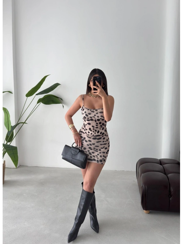 Leopar Askılı Basic Mini Elbise