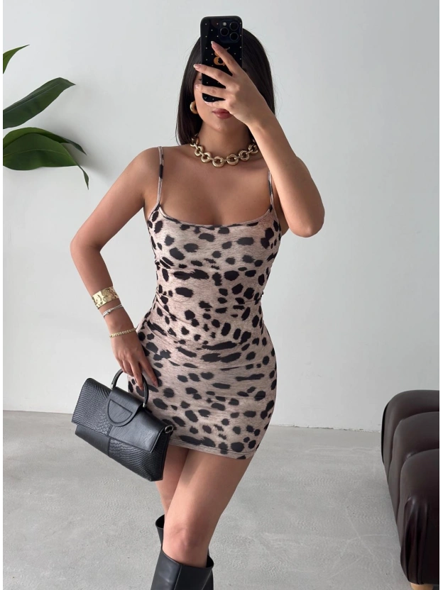 Leopar Askılı Basic Mini Elbise