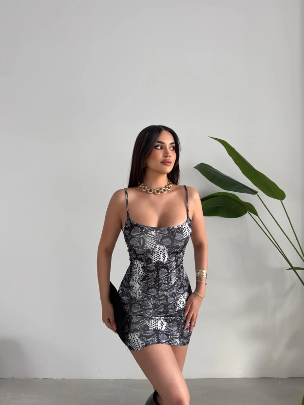 Yılan Desen Askılı Mini Elbise
