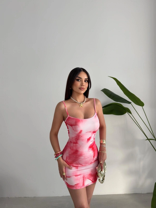 Pembe Batik Askılı Mini Elbise