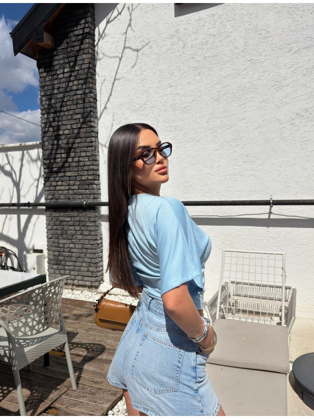 Mavi Kısa İspanyol Kol Basic Tshırt