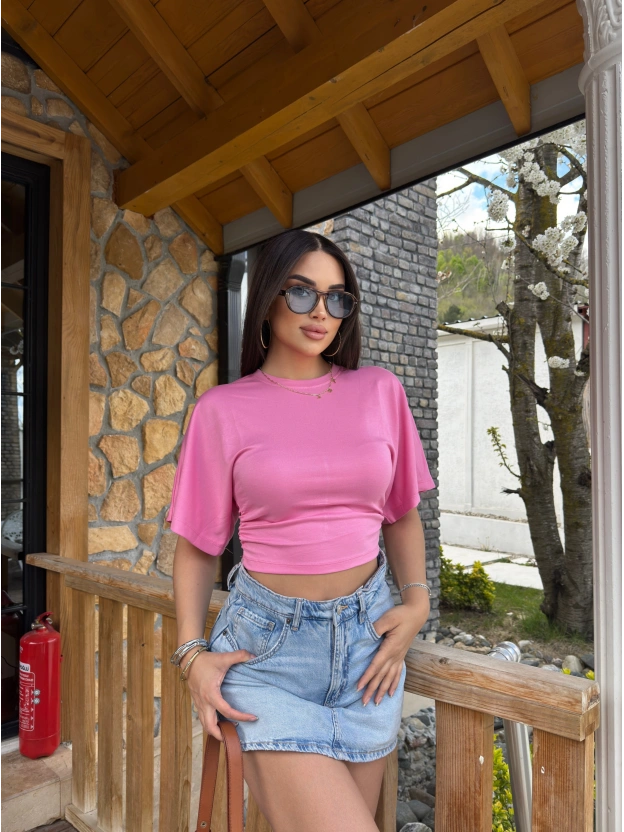Fuşya Kısa İspanyol Kol Basic Tshırt