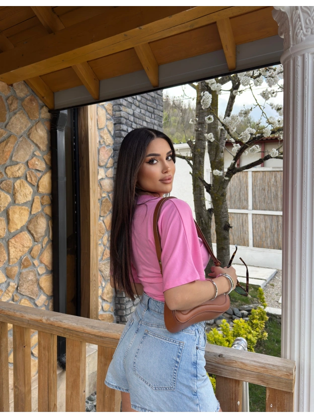 Fuşya Kısa İspanyol Kol Basic Tshırt