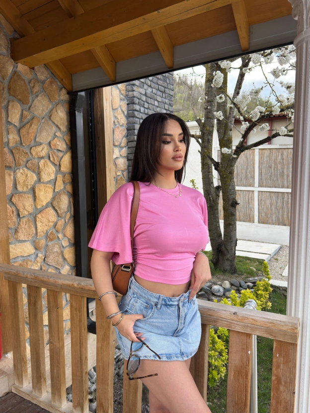 Fuşya Kısa İspanyol Kol Basic Tshırt