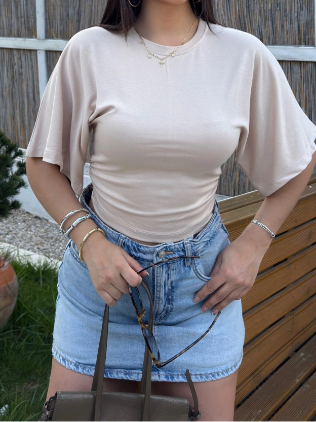 Bej Kısa İspanyol Kol Basic Tshırt