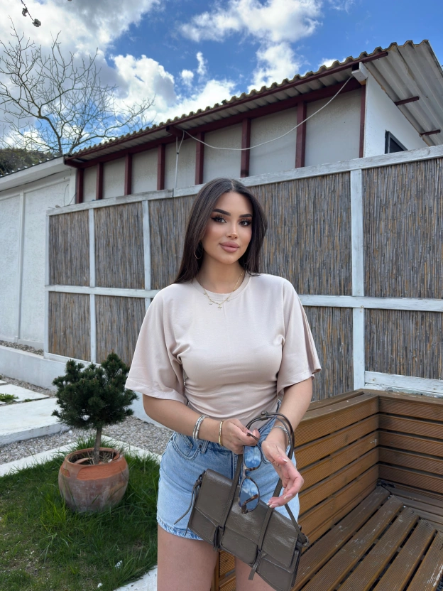 Bej Kısa İspanyol Kol Basic Tshırt