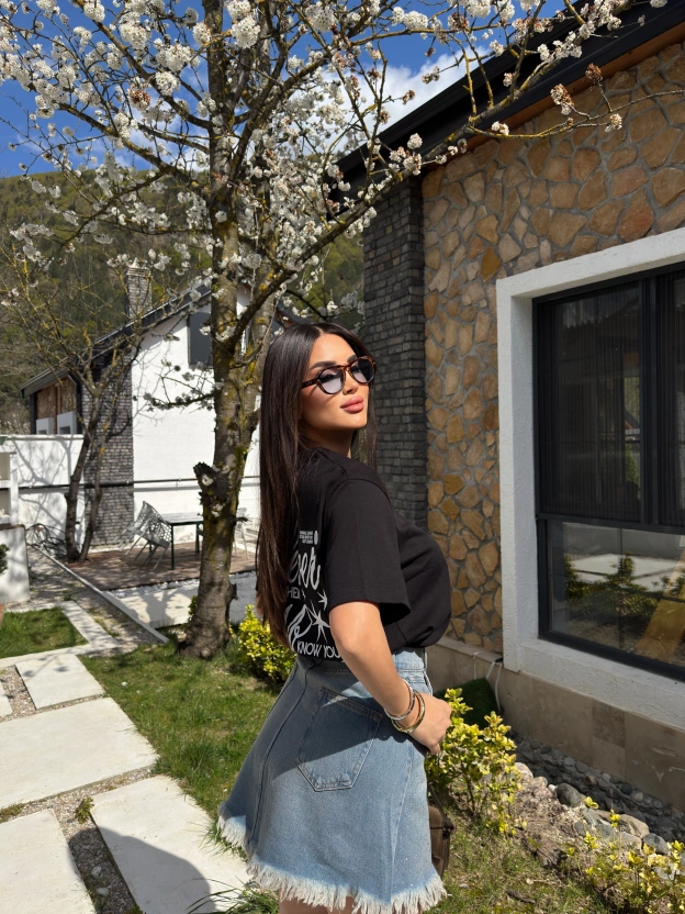 Tint Yıkamalı Taşlı Kot Etek