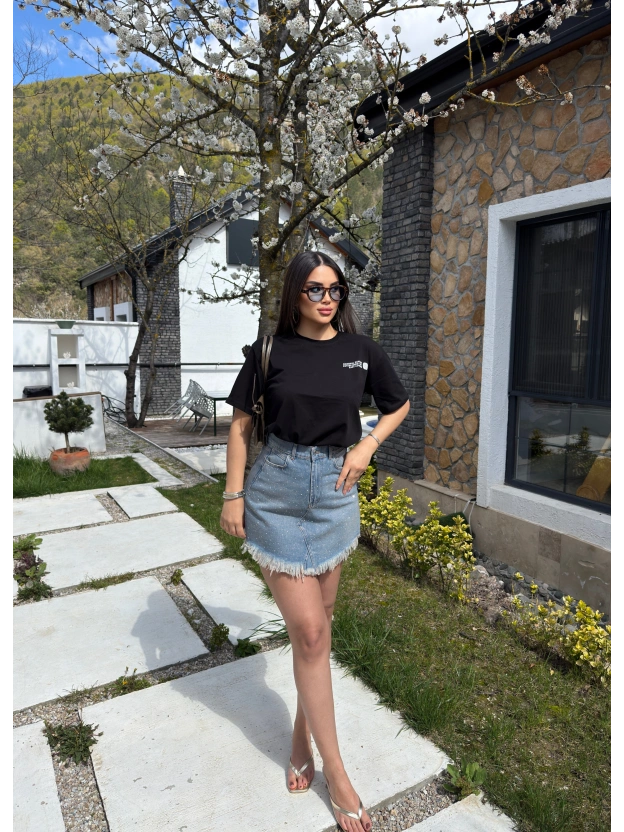 Tint Yıkamalı Taşlı Kot Etek