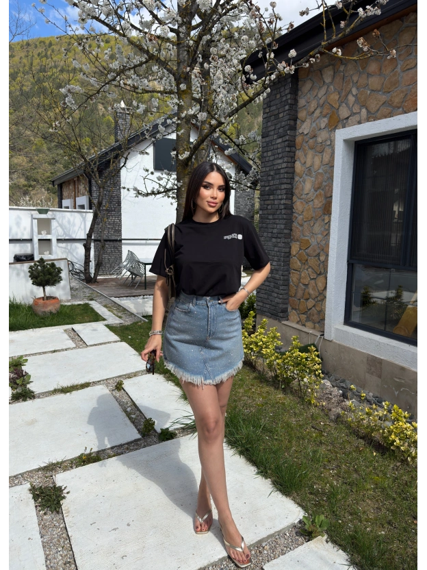 Tint Yıkamalı Taşlı Kot Etek