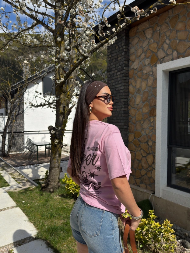 Pembe Oversize Dijital Baskı Tshırt