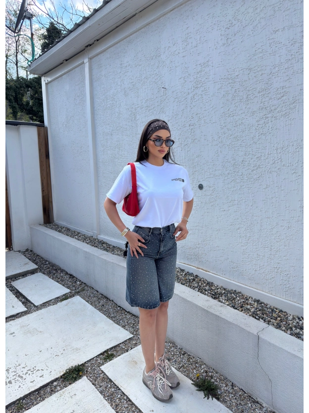 Mavi Tint Taşlı Uzun Şort
