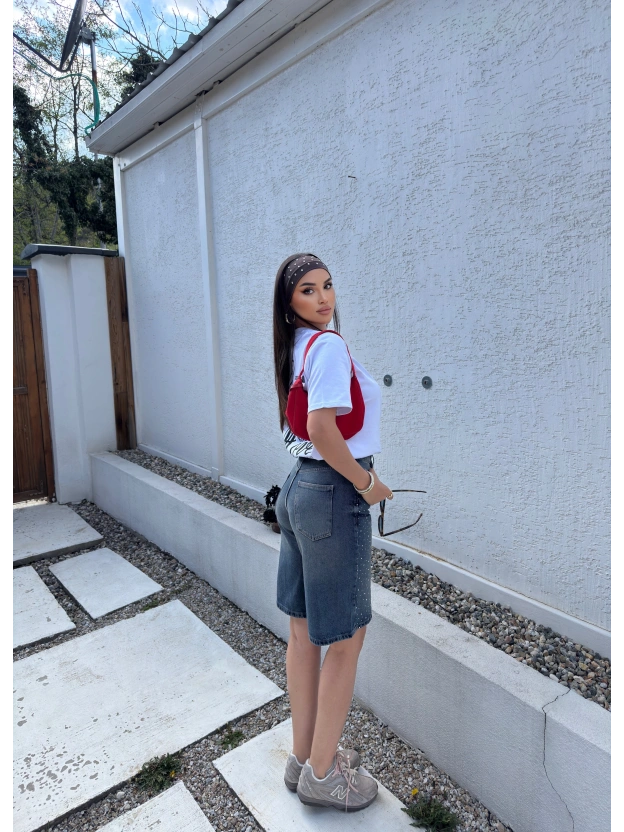 Mavi Tint Taşlı Uzun Şort