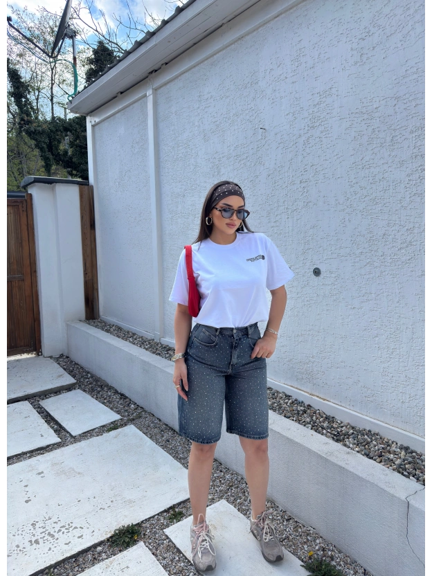 Mavi Tint Taşlı Uzun Şort