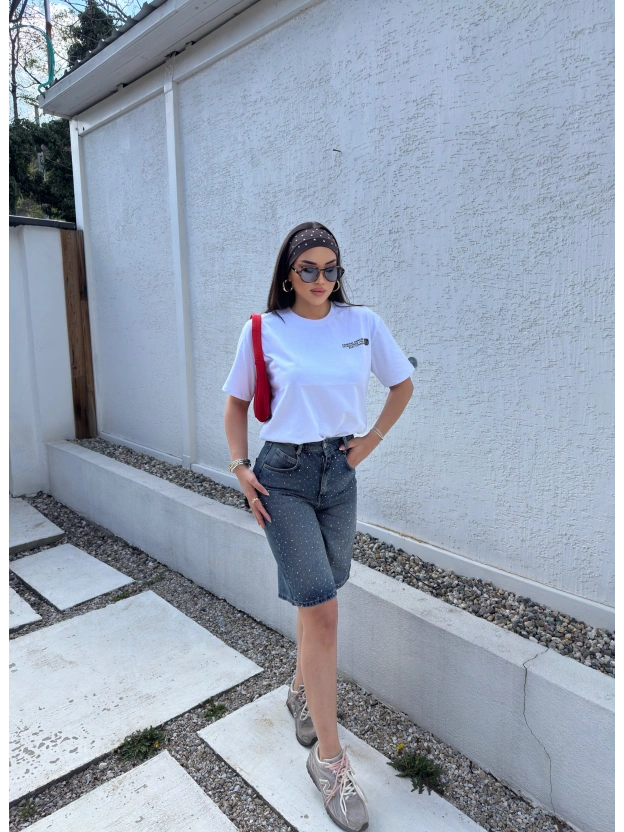Mavi Tint Taşlı Uzun Şort
