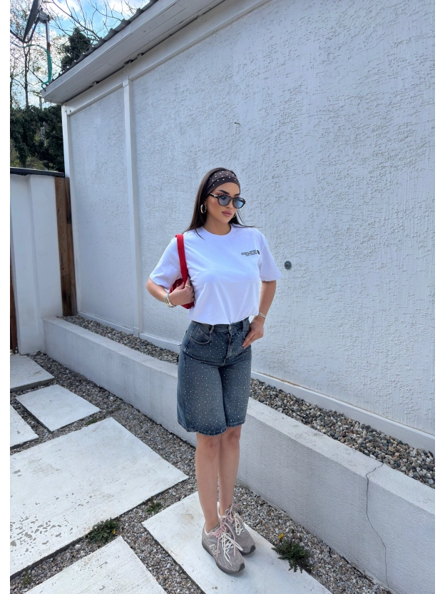 Mavi Tint Taşlı Uzun Şort