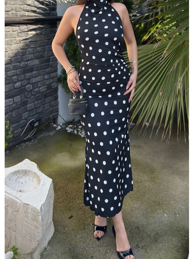 Siyah Puantiyeli Premium Uzun Elbise