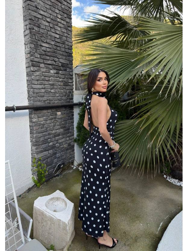 Siyah Puantiyeli Premium Uzun Elbise