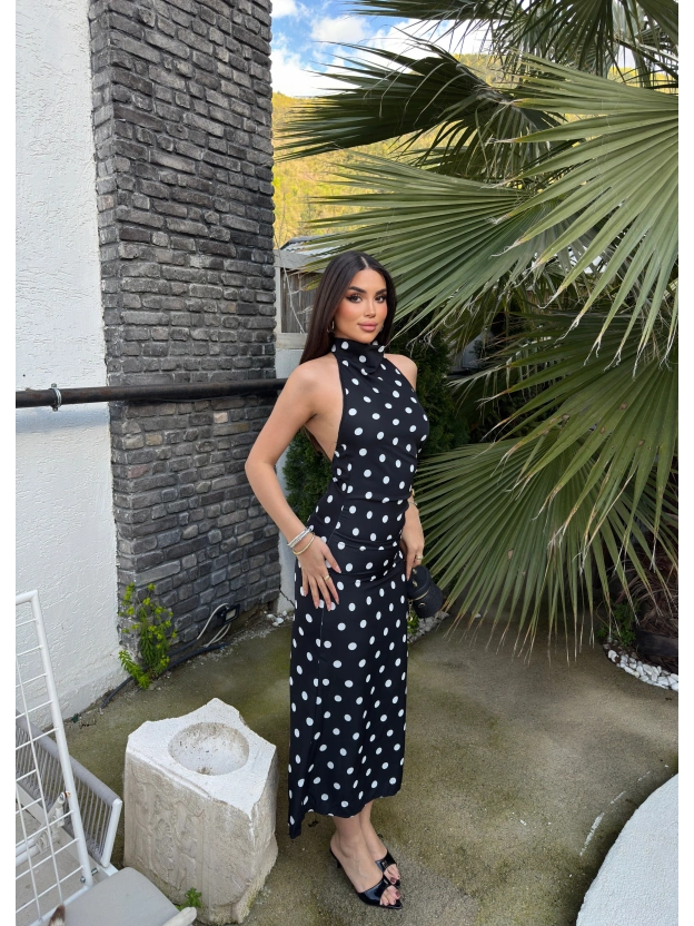 Siyah Puantiyeli Premium Uzun Elbise