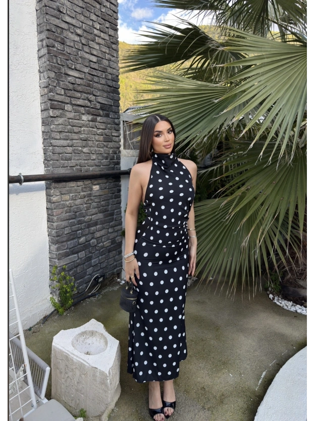 Siyah Puantiyeli Premium Uzun Elbise