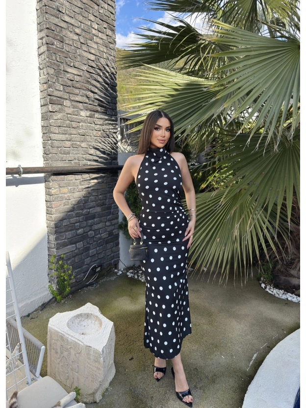 Siyah Puantiyeli Premium Uzun Elbise