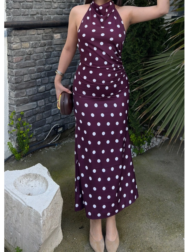 Bordo Puantiyeli Premium Uzun Elbise