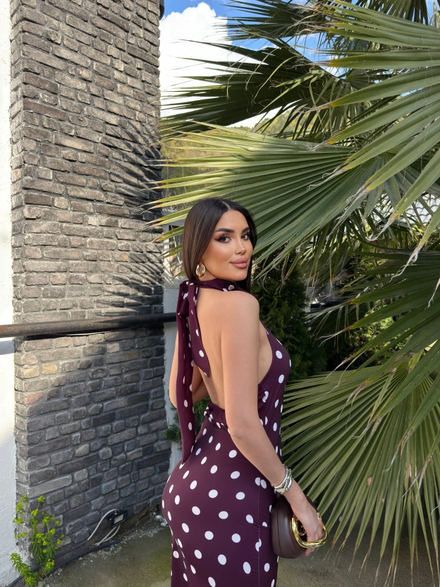 Bordo Puantiyeli Premium Uzun Elbise