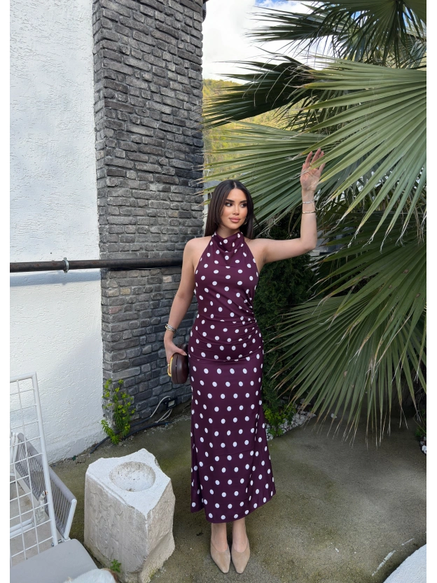 Bordo Puantiyeli Premium Uzun Elbise