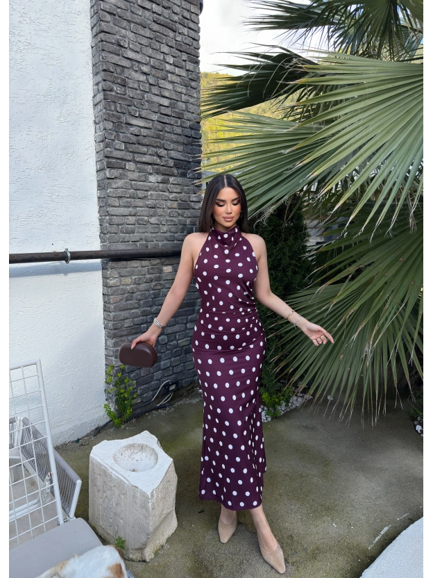 Bordo Puantiyeli Premium Uzun Elbise