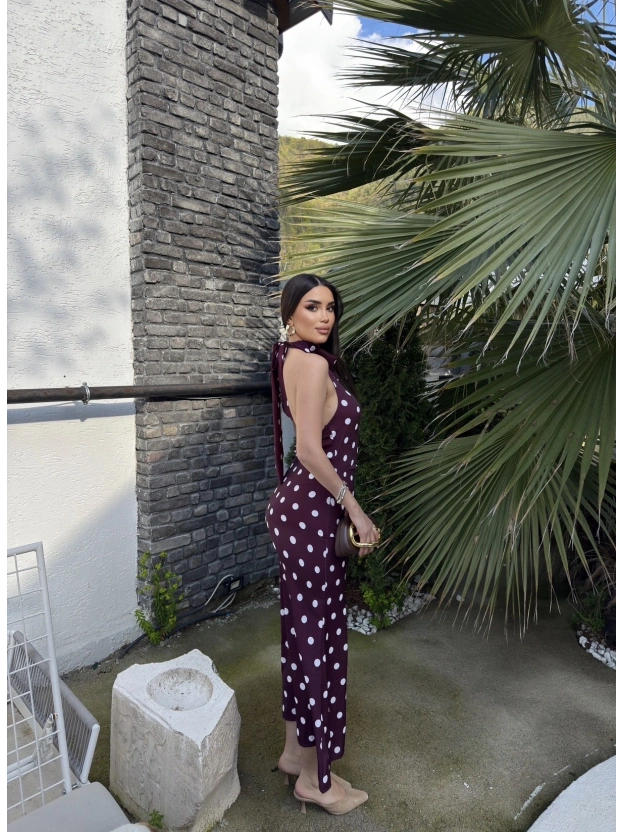 Bordo Puantiyeli Premium Uzun Elbise