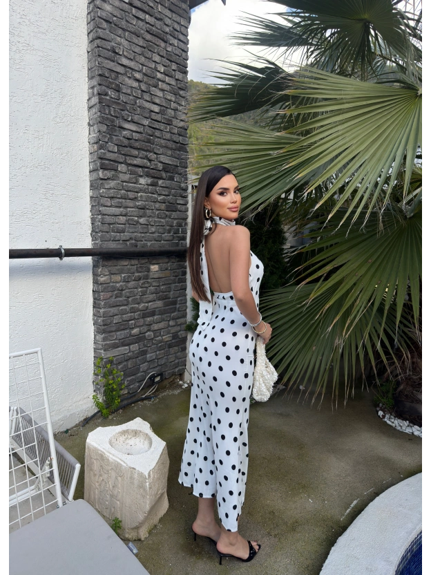 Beyaz Puantiyeli Premium Uzun Elbise