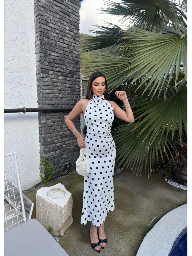 Beyaz Puantiyeli Premium Uzun Elbise