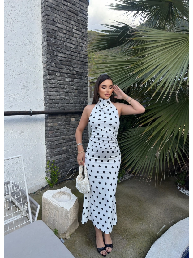 Beyaz Puantiyeli Premium Uzun Elbise