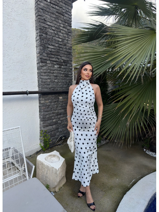 Beyaz Puantiyeli Premium Uzun Elbise