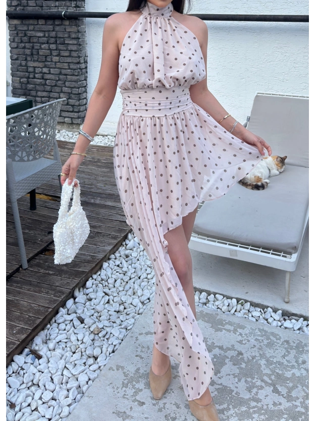 Krem Boyundan Bağlamalı Tasarım Elbise