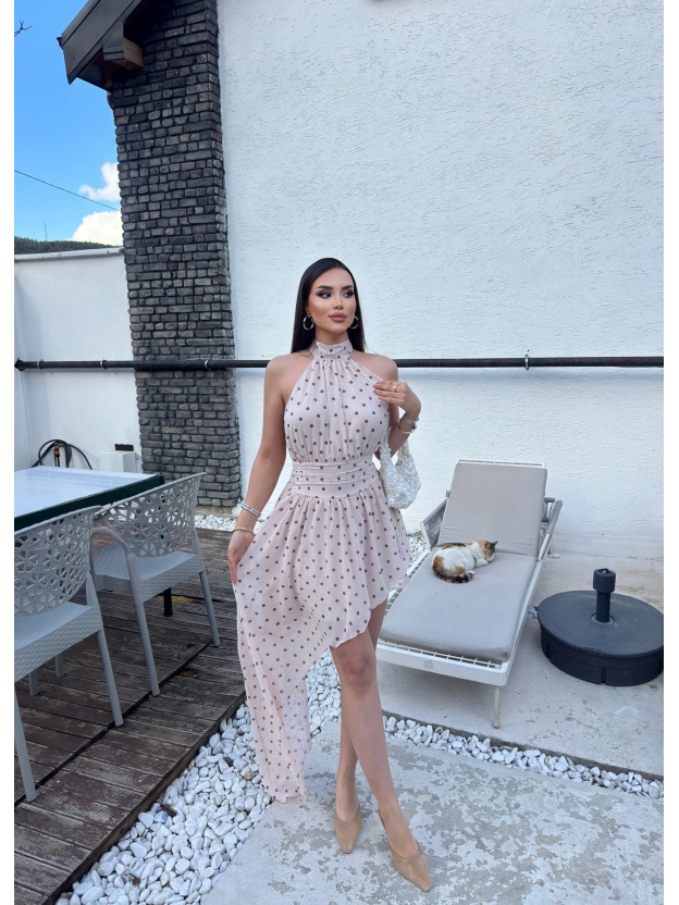 Krem Boyundan Bağlamalı Tasarım Elbise