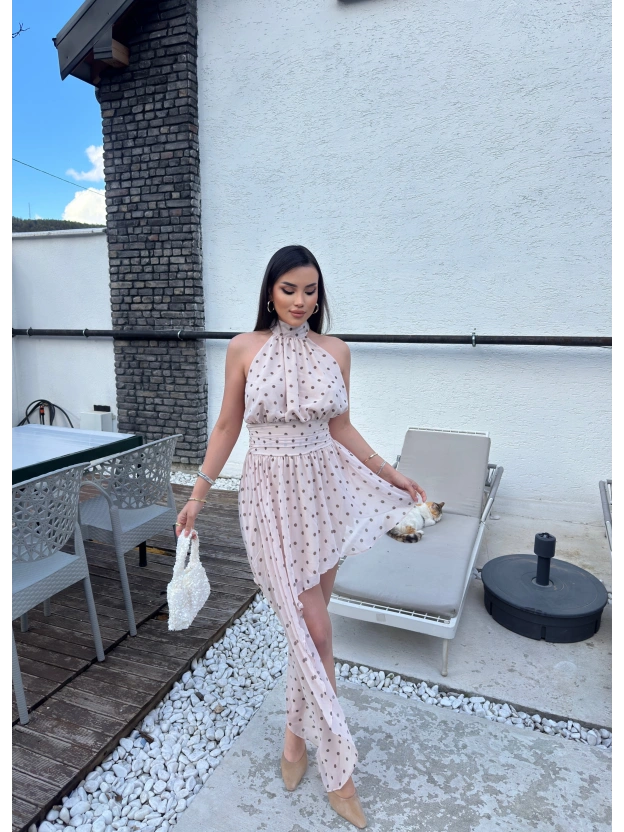 Krem Boyundan Bağlamalı Tasarım Elbise