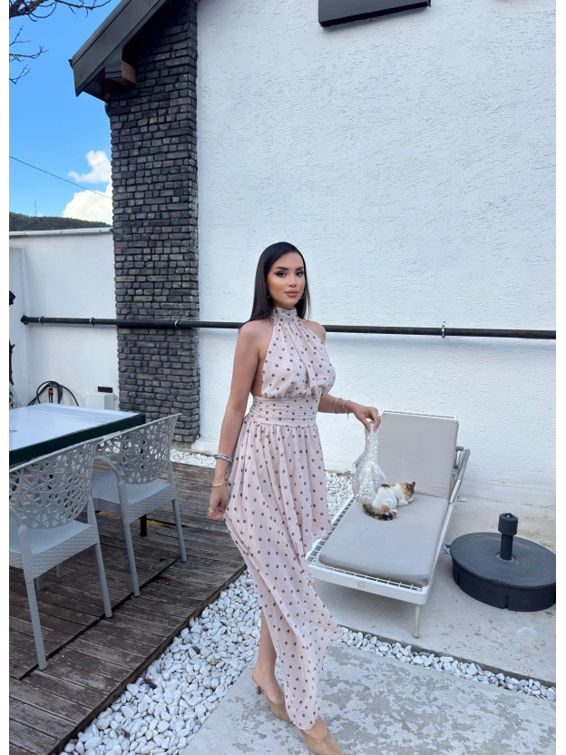 Krem Boyundan Bağlamalı Tasarım Elbise