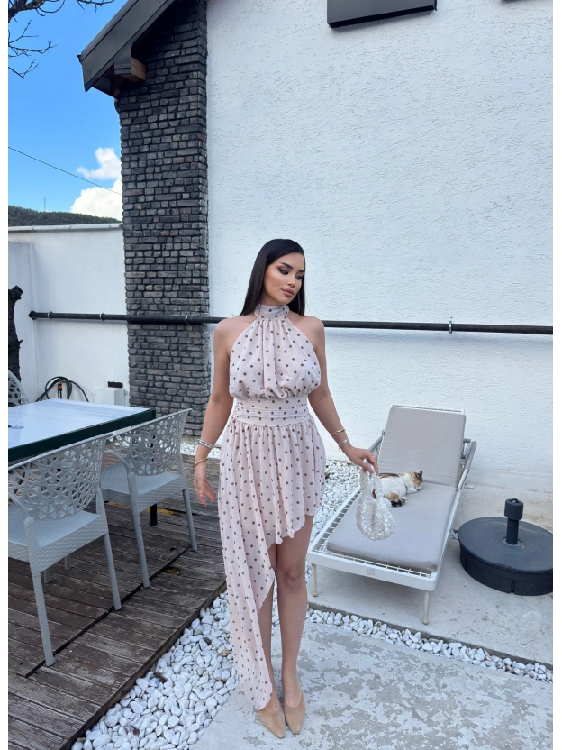 Krem Boyundan Bağlamalı Tasarım Elbise