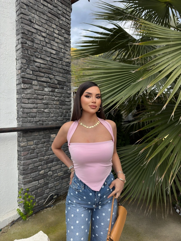 Pembe Asimetrik Kesim Crop Top