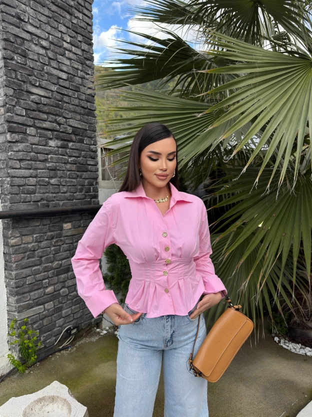 Pembe Gold Düğmeli Korseli Gömlek