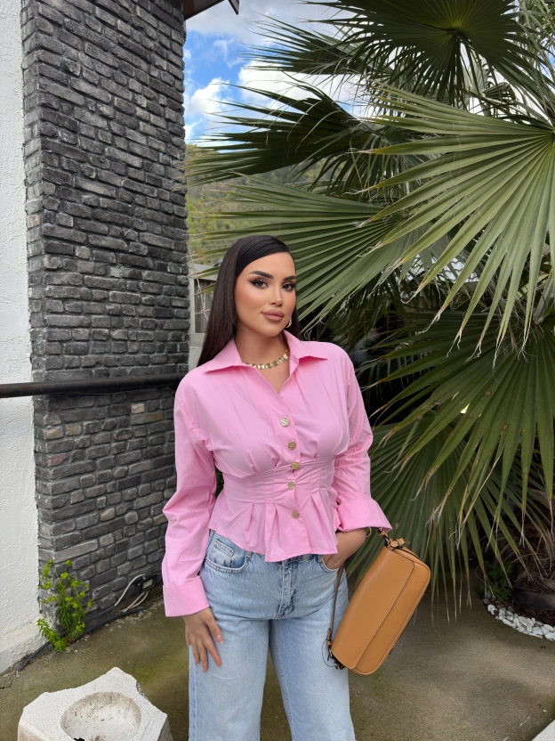 Pembe Gold Düğmeli Korseli Gömlek