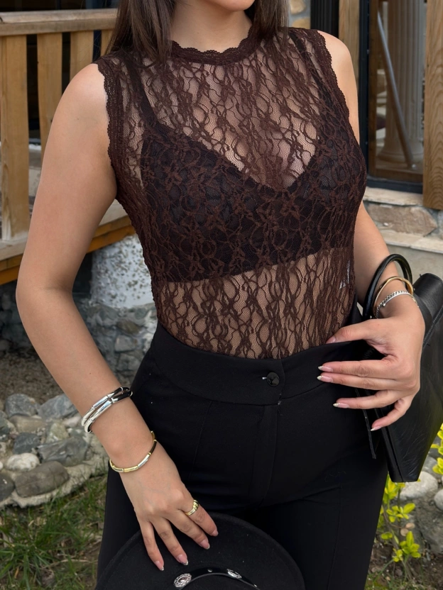Kahverengi Bisiklet Yaka Dantel Bodysuit