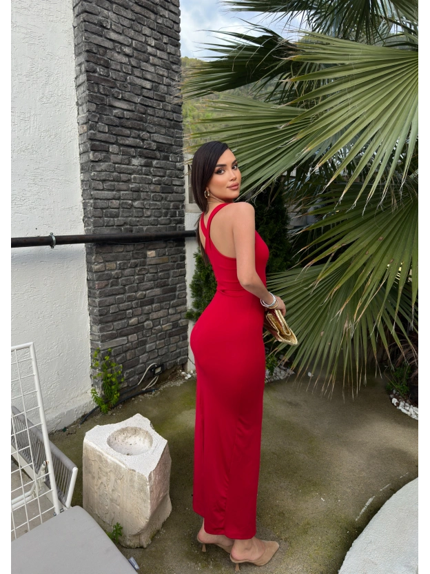 Kırmızı Sırt Çapraz Askılı Elbise