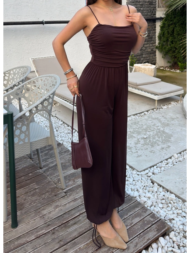 Kahverengi Lastikli Paça Askılı Tulum