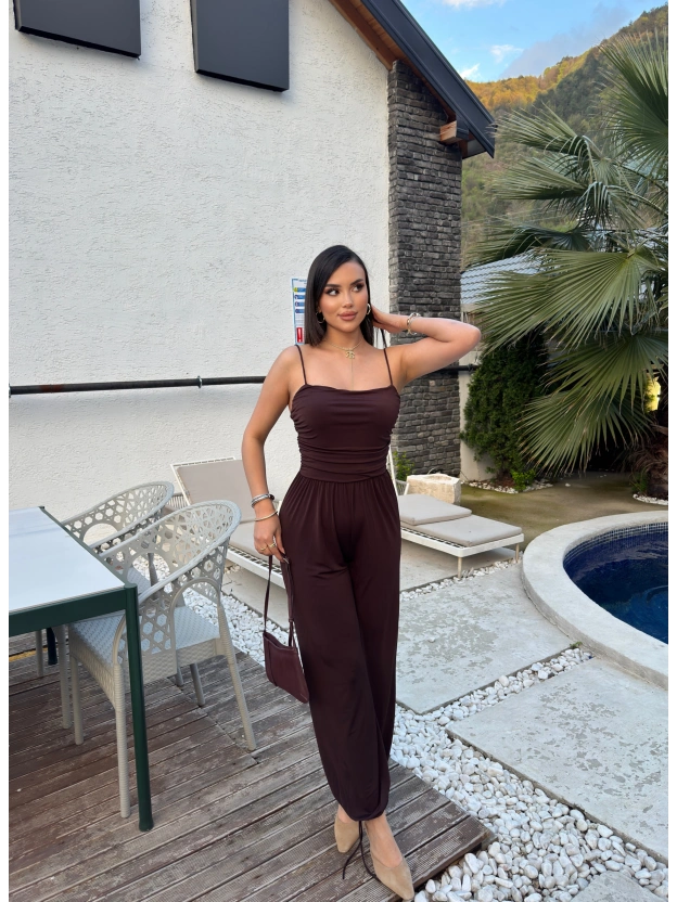 Kahverengi Lastikli Paça Askılı Tulum