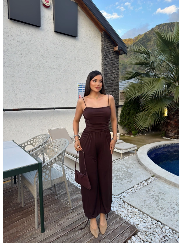 Kahverengi Lastikli Paça Askılı Tulum