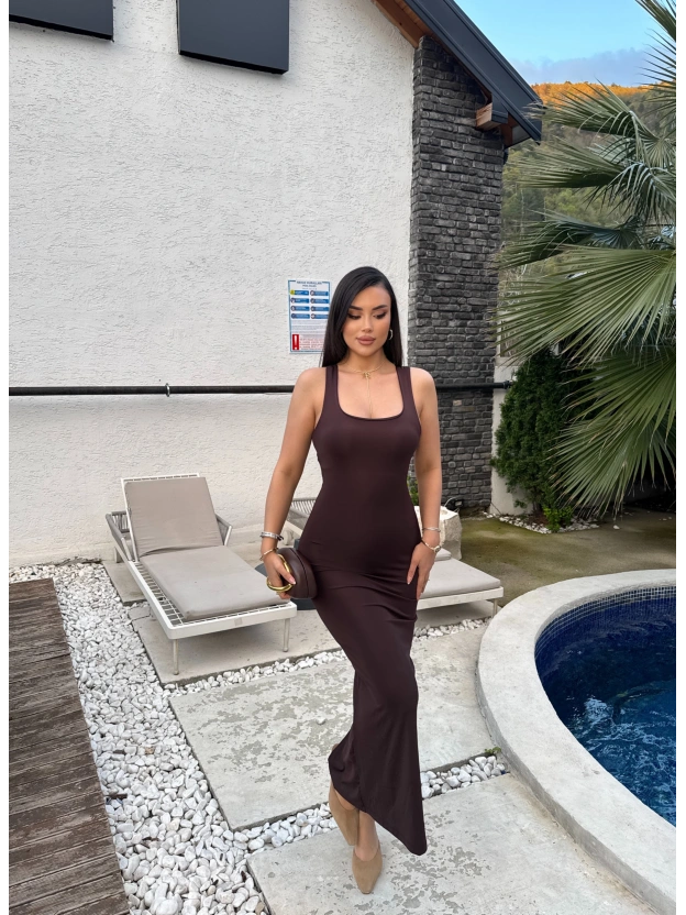 Kahverengi Sırt Çapraz Askılı Elbise