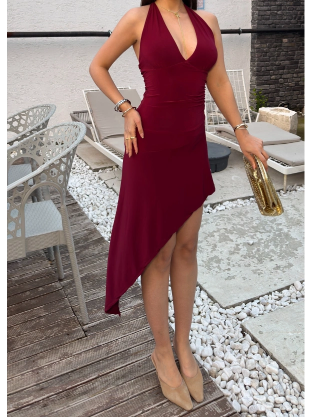 Bordo Boyundan Bağlamalı Asimetrik Elbise