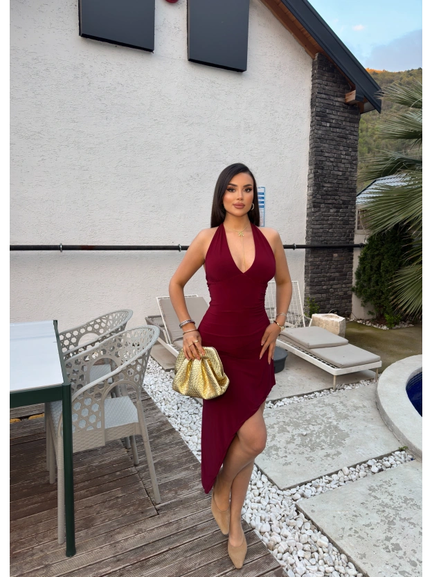 Bordo Boyundan Bağlamalı Asimetrik Elbise